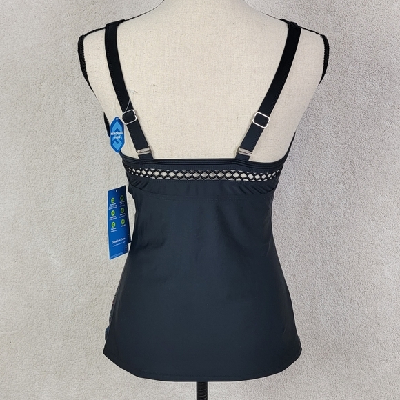 Free Country Black Macrame Floral Print Quick Dri Tankini Swim Top Sz M NEW - Picture 4 of 16